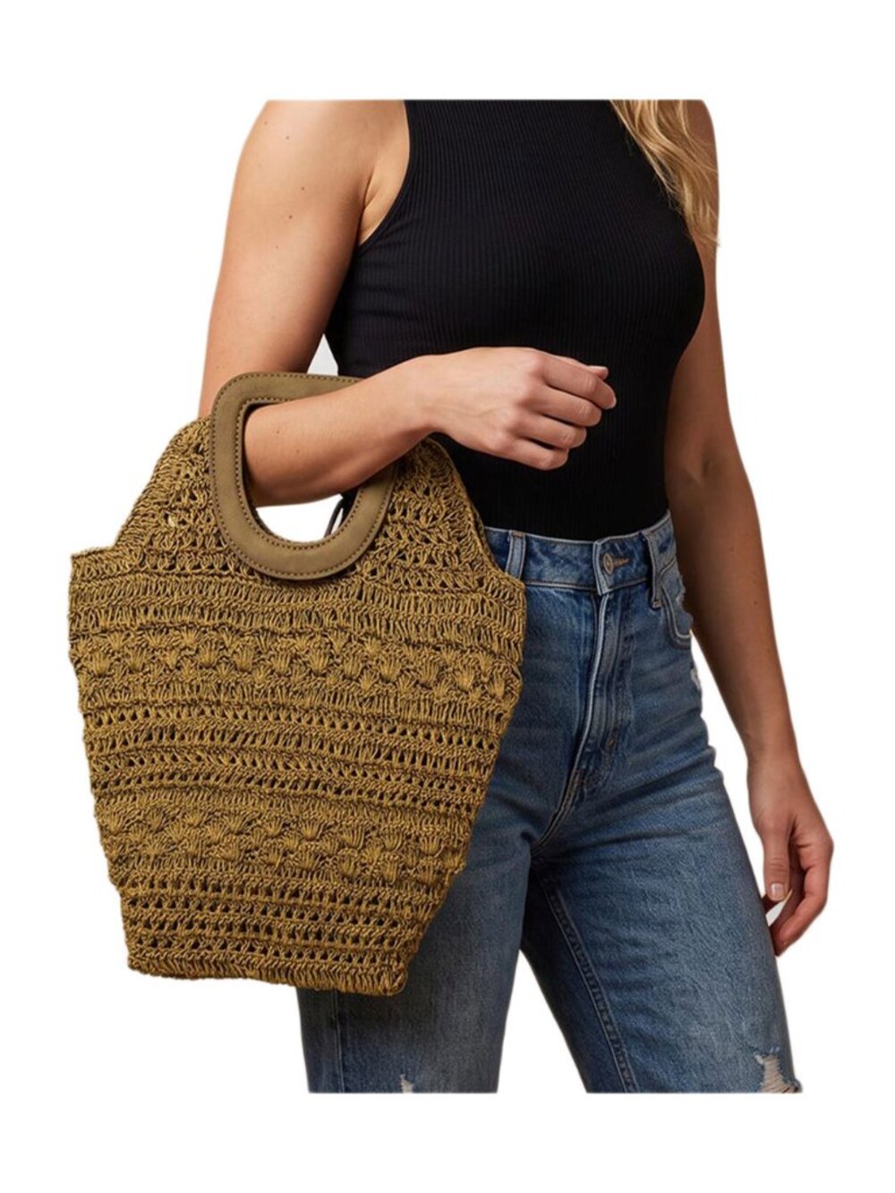 Tigerstars Open Weave Knot Structured Handle Tote Bag